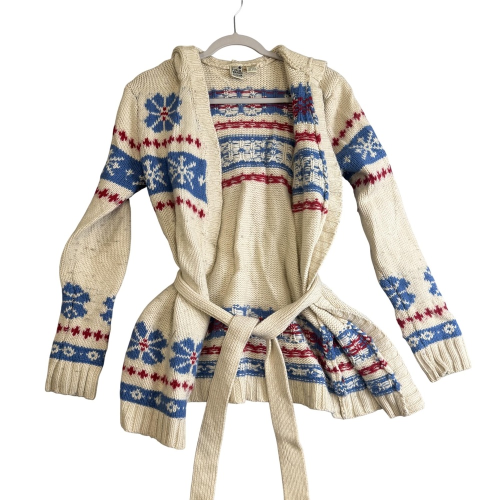 Fossil Sweater Cardigan Womens L White Lambswool Hooded Belted Fair Isle Knit